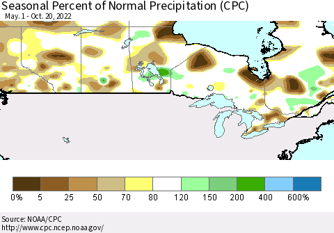 Canada Seasonal Percent of Normal Precipitation (CPC) Thematic Map For 5/1/2022 - 10/20/2022
