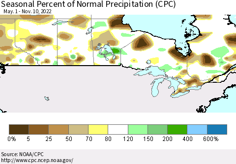 Canada Seasonal Percent of Normal Precipitation (CPC) Thematic Map For 5/1/2022 - 11/10/2022