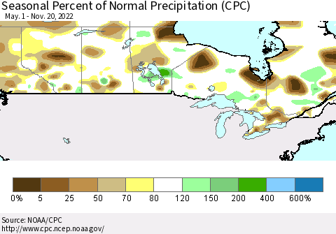 Canada Seasonal Percent of Normal Precipitation (CPC) Thematic Map For 5/1/2022 - 11/20/2022