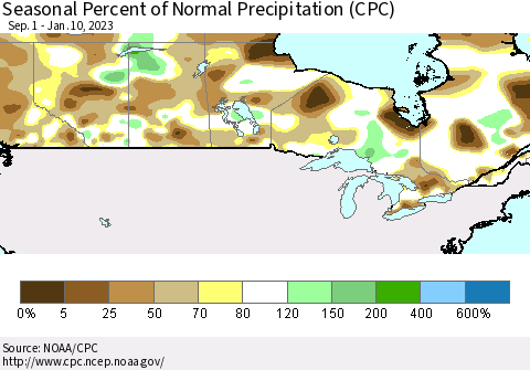Canada Seasonal Percent of Normal Precipitation (CPC) Thematic Map For 9/1/2022 - 1/10/2023
