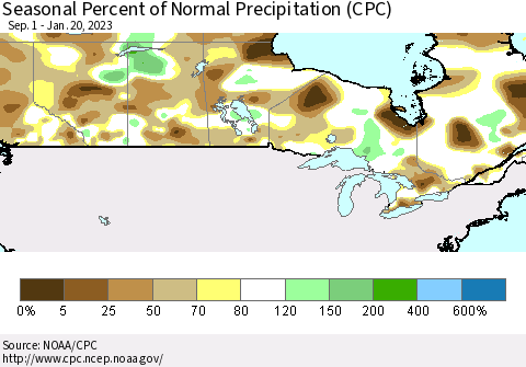 Canada Seasonal Percent of Normal Precipitation (CPC) Thematic Map For 9/1/2022 - 1/20/2023