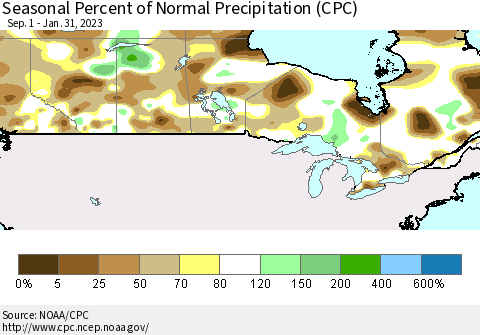 Canada Seasonal Percent of Normal Precipitation (CPC) Thematic Map For 9/1/2022 - 1/31/2023