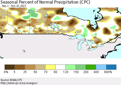 Canada Seasonal Percent of Normal Precipitation (CPC) Thematic Map For 9/1/2022 - 2/10/2023