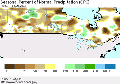 Canada Seasonal Percent of Normal Precipitation (CPC) Thematic Map For 9/1/2022 - 2/20/2023