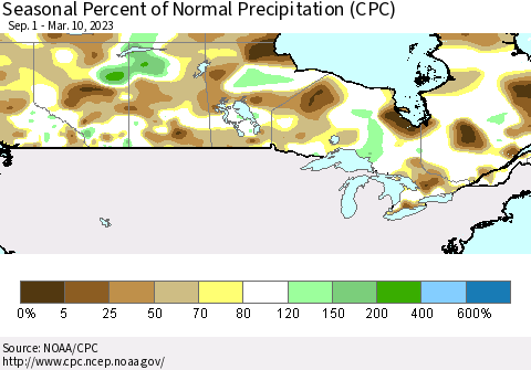 Canada Seasonal Percent of Normal Precipitation (CPC) Thematic Map For 9/1/2022 - 3/10/2023