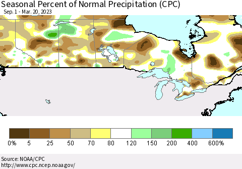 Canada Seasonal Percent of Normal Precipitation (CPC) Thematic Map For 9/1/2022 - 3/20/2023