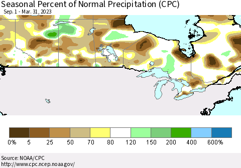 Canada Seasonal Percent of Normal Precipitation (CPC) Thematic Map For 9/1/2022 - 3/31/2023