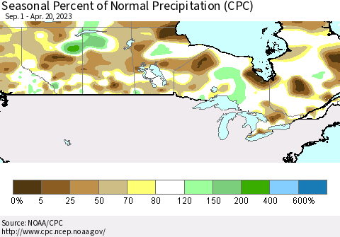 Canada Seasonal Percent of Normal Precipitation (CPC) Thematic Map For 9/1/2022 - 4/20/2023