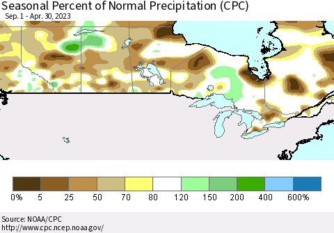Canada Seasonal Percent of Normal Precipitation (CPC) Thematic Map For 9/1/2022 - 4/30/2023