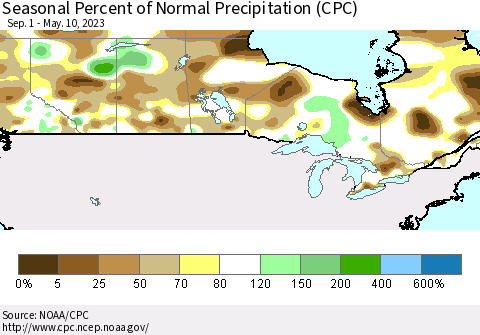 Canada Seasonal Percent of Normal Precipitation (CPC) Thematic Map For 9/1/2022 - 5/10/2023