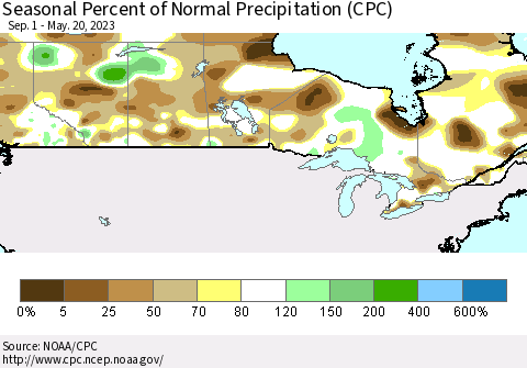 Canada Seasonal Percent of Normal Precipitation (CPC) Thematic Map For 9/1/2022 - 5/20/2023