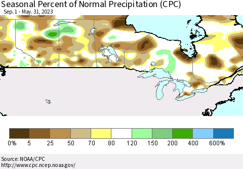 Canada Seasonal Percent of Normal Precipitation (CPC) Thematic Map For 9/1/2022 - 5/31/2023