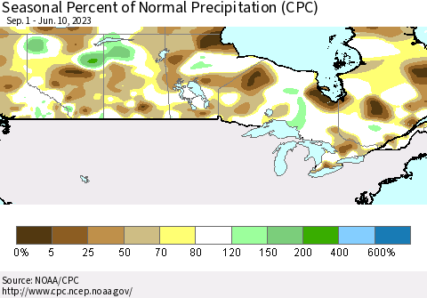 Canada Seasonal Percent of Normal Precipitation (CPC) Thematic Map For 9/1/2022 - 6/10/2023