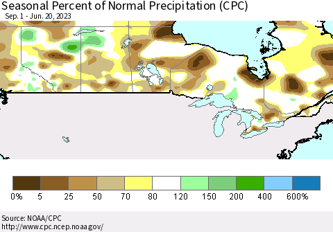 Canada Seasonal Percent of Normal Precipitation (CPC) Thematic Map For 9/1/2022 - 6/20/2023