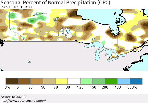 Canada Seasonal Percent of Normal Precipitation (CPC) Thematic Map For 9/1/2022 - 6/30/2023