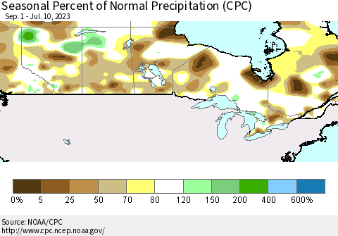 Canada Seasonal Percent of Normal Precipitation (CPC) Thematic Map For 9/1/2022 - 7/10/2023