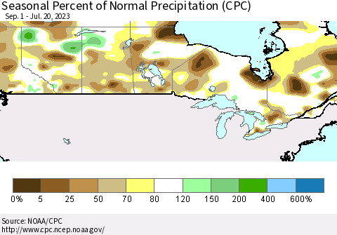 Canada Seasonal Percent of Normal Precipitation (CPC) Thematic Map For 9/1/2022 - 7/20/2023