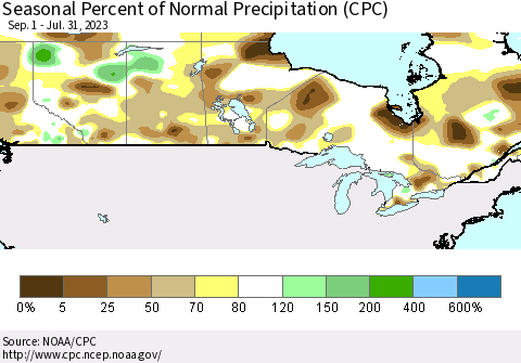 Canada Seasonal Percent of Normal Precipitation (CPC) Thematic Map For 9/1/2022 - 7/31/2023