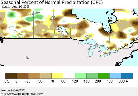 Canada Seasonal Percent of Normal Precipitation (CPC) Thematic Map For 9/1/2022 - 8/10/2023
