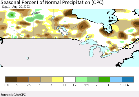 Canada Seasonal Percent of Normal Precipitation (CPC) Thematic Map For 9/1/2022 - 8/20/2023