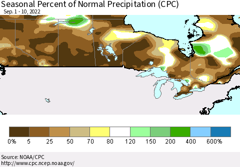 Canada Seasonal Percent of Normal Precipitation (CPC) Thematic Map For 9/1/2022 - 9/10/2022