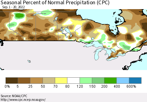 Canada Seasonal Percent of Normal Precipitation (CPC) Thematic Map For 9/1/2022 - 9/20/2022
