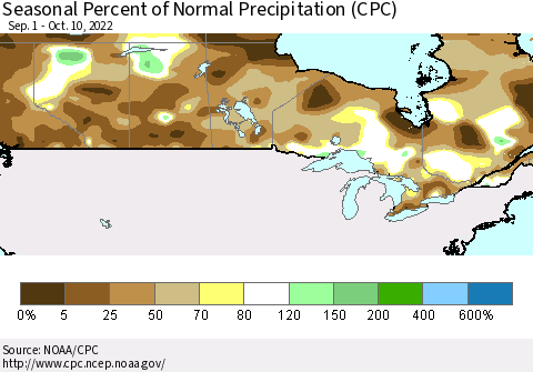Canada Seasonal Percent of Normal Precipitation (CPC) Thematic Map For 9/1/2022 - 10/10/2022
