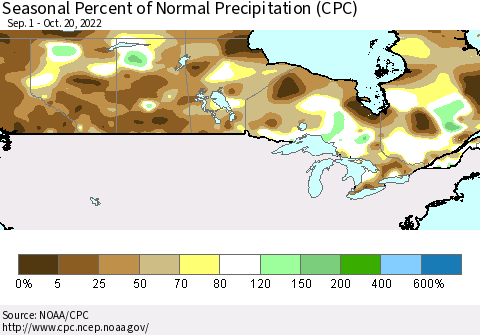 Canada Seasonal Percent of Normal Precipitation (CPC) Thematic Map For 9/1/2022 - 10/20/2022