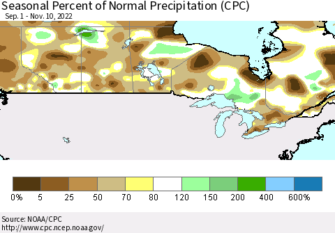 Canada Seasonal Percent of Normal Precipitation (CPC) Thematic Map For 9/1/2022 - 11/10/2022