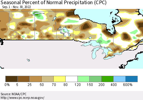 Canada Seasonal Percent of Normal Precipitation (CPC) Thematic Map For 9/1/2022 - 11/30/2022