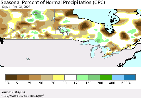 Canada Seasonal Percent of Normal Precipitation (CPC) Thematic Map For 9/1/2022 - 12/31/2022