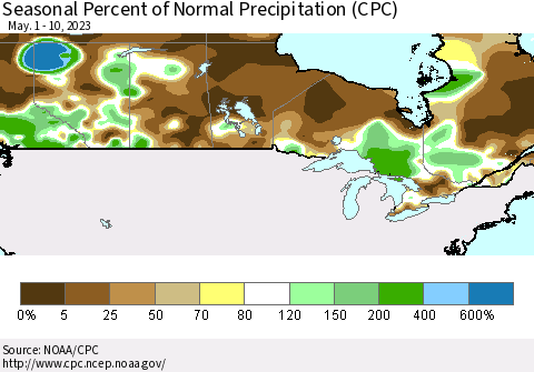 Canada Seasonal Percent of Normal Precipitation (CPC) Thematic Map For 5/1/2023 - 5/10/2023
