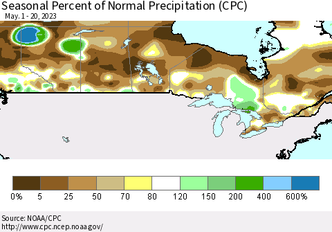 Canada Seasonal Percent of Normal Precipitation (CPC) Thematic Map For 5/1/2023 - 5/20/2023