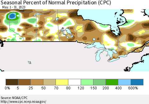 Canada Seasonal Percent of Normal Precipitation (CPC) Thematic Map For 5/1/2023 - 5/31/2023