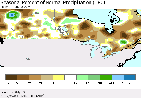 Canada Seasonal Percent of Normal Precipitation (CPC) Thematic Map For 5/1/2023 - 6/10/2023