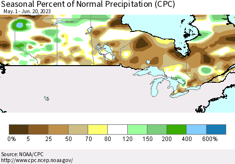 Canada Seasonal Percent of Normal Precipitation (CPC) Thematic Map For 5/1/2023 - 6/20/2023