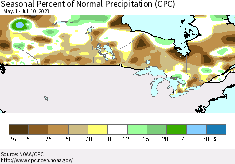 Canada Seasonal Percent of Normal Precipitation (CPC) Thematic Map For 5/1/2023 - 7/10/2023