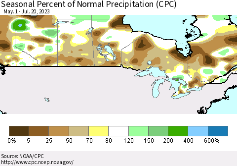 Canada Seasonal Percent of Normal Precipitation (CPC) Thematic Map For 5/1/2023 - 7/20/2023