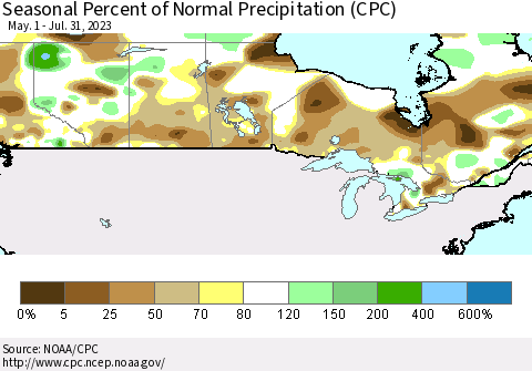 Canada Seasonal Percent of Normal Precipitation (CPC) Thematic Map For 5/1/2023 - 7/31/2023