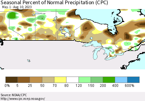 Canada Seasonal Percent of Normal Precipitation (CPC) Thematic Map For 5/1/2023 - 8/10/2023