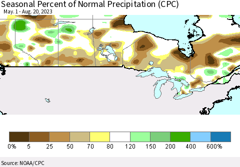 Canada Seasonal Percent of Normal Precipitation (CPC) Thematic Map For 5/1/2023 - 8/20/2023