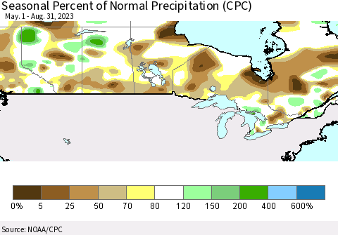 Canada Seasonal Percent of Normal Precipitation (CPC) Thematic Map For 5/1/2023 - 8/31/2023