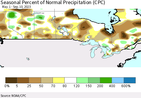 Canada Seasonal Percent of Normal Precipitation (CPC) Thematic Map For 5/1/2023 - 9/10/2023