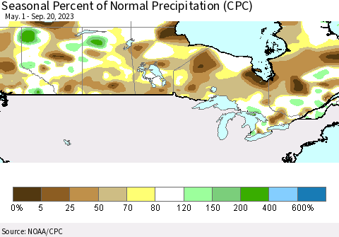 Canada Seasonal Percent of Normal Precipitation (CPC) Thematic Map For 5/1/2023 - 9/20/2023