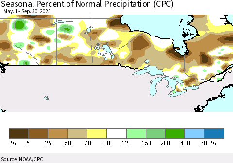 Canada Seasonal Percent of Normal Precipitation (CPC) Thematic Map For 5/1/2023 - 9/30/2023