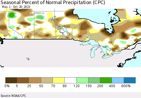Canada Seasonal Percent of Normal Precipitation (CPC) Thematic Map For 5/1/2023 - 10/20/2023