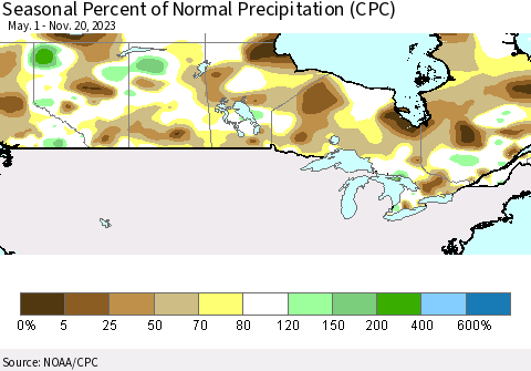 Canada Seasonal Percent of Normal Precipitation (CPC) Thematic Map For 5/1/2023 - 11/20/2023