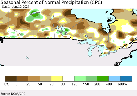 Canada Seasonal Percent of Normal Precipitation (CPC) Thematic Map For 9/1/2023 - 1/10/2024