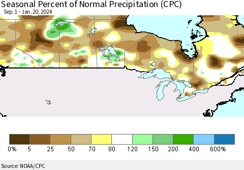 Canada Seasonal Percent of Normal Precipitation (CPC) Thematic Map For 9/1/2023 - 1/20/2024