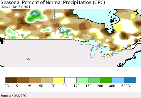 Canada Seasonal Percent of Normal Precipitation (CPC) Thematic Map For 9/1/2023 - 1/31/2024